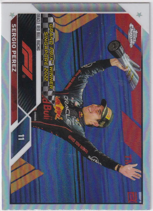 2023 Topps Chrome Formula 1 Refractor #160 Sergio Perez trading card with holographic finish