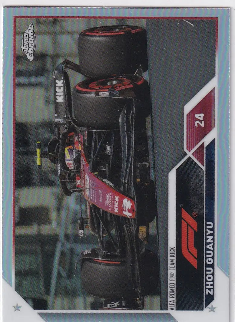 Dark red and black Formula 1 car in Topps Chrome Formula 1 Refractor #60 Zhou Guanyu