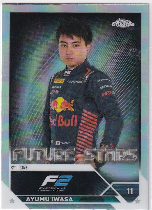 Racing driver trading card of Ayumu Iwasa in Red Bull gear from Topps Chrome Formula 1