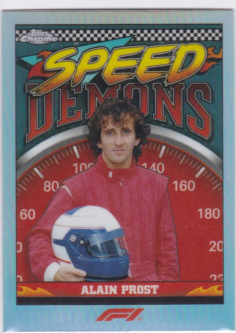 Alain Prost Speed Demon trading card against a speedometer background from Topps Chrome Formula