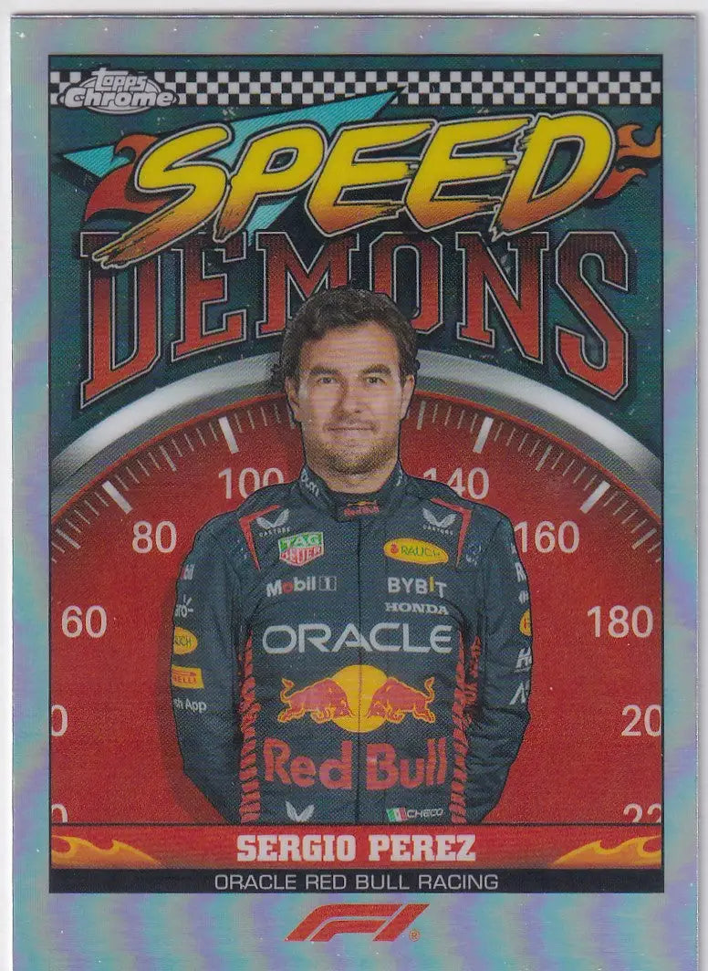 Racing card of Sergio Perez in team uniform on a speedometer, Topps Chrome Formula 1