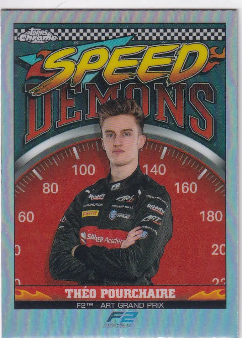 Racing card of Théo Pourchaire in Topps Chrome Formula 1 design with speedometer theme