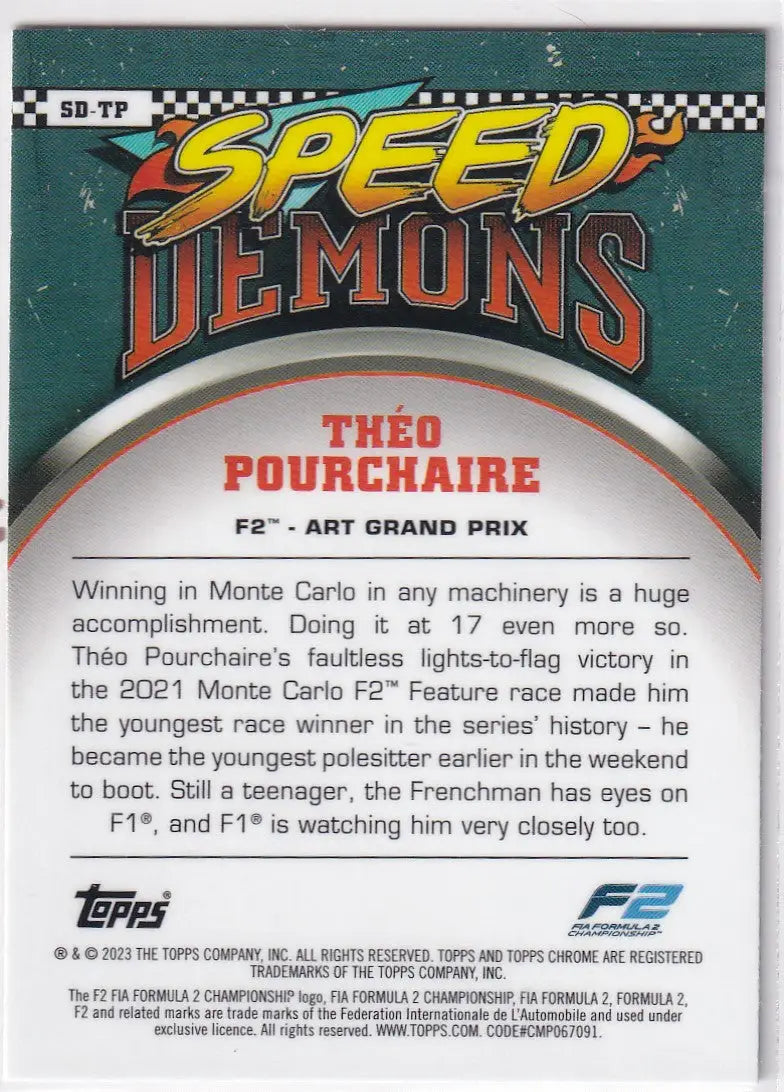 Topps Chrome Formula 1 Speed Demons trading card featuring Théo Pourchaire