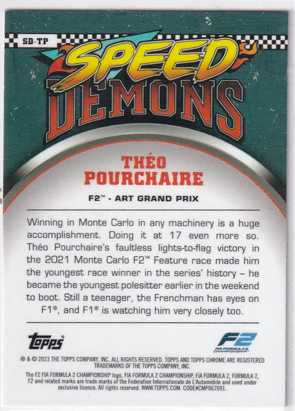 Topps Chrome Formula 1 Speed Demons trading card featuring Théo Pourchaire