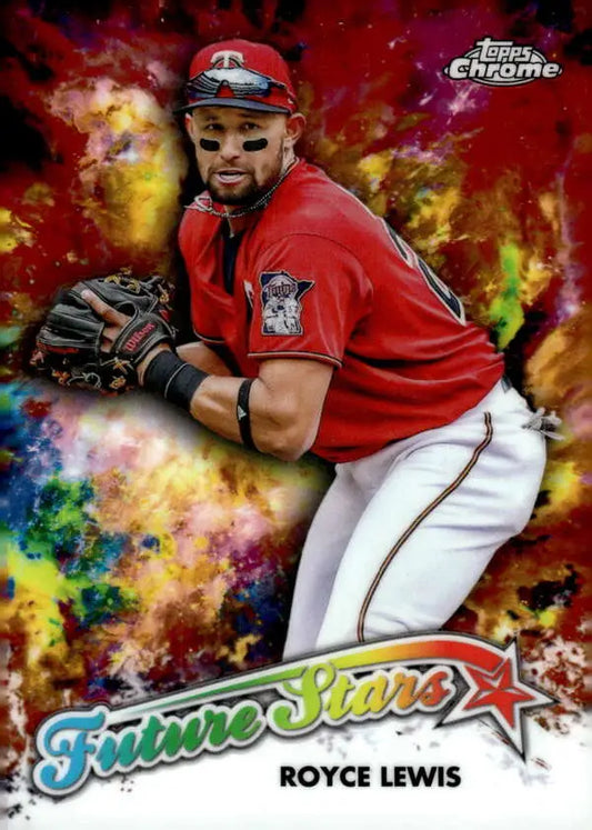 Royce Lewis in red uniform fielding on 2023 Topps Chrome Future Stars Baseball Card