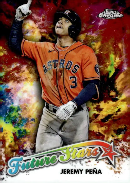 Baseball player in orange Houston Astros jersey celebrating with Topps Chrome Future Stars Refractor