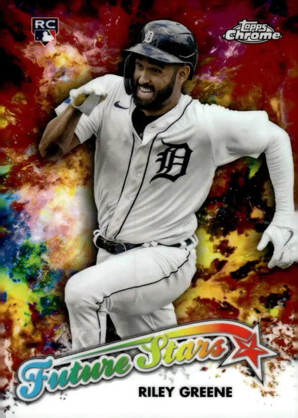 Detroit Tigers player Riley Greene on a Topps Chrome Future Stars baseball card