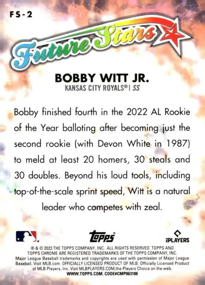 Baseball trading card of Bobby Witt Jr. with orange and pink effects, Kansas City Royals