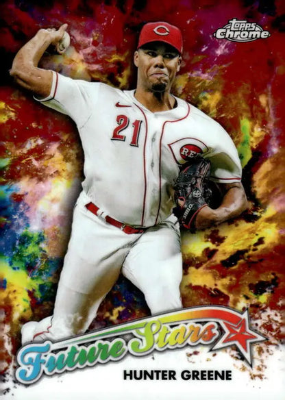 Topps Chrome baseball card of Hunter Greene, Cincinnati Reds pitcher, white uniform #21