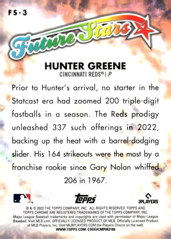 Baseball card of Hunter Greene showcasing Cincinnati Reds rookie season stats