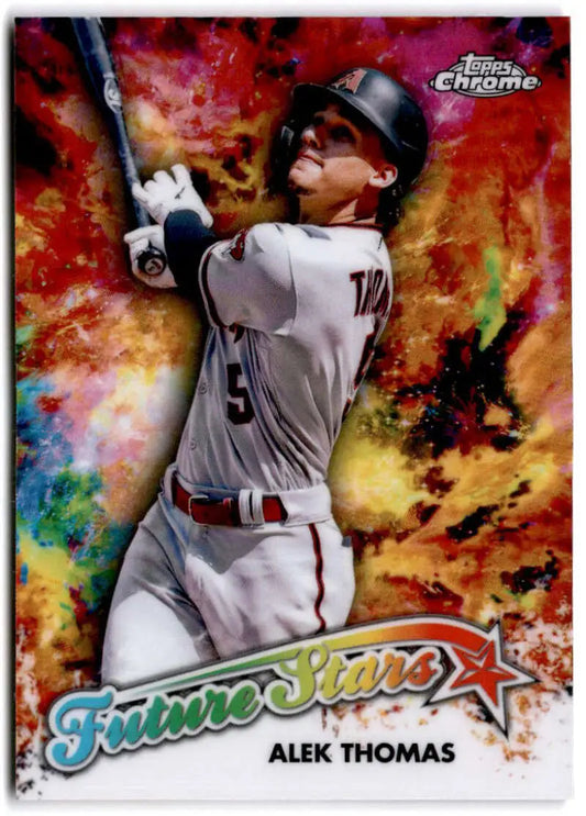 Alek Thomas in gray uniform swinging bat with colorful background, Topps Chrome Future Stars