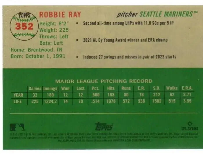 Baseball card of Robbie Ray with stats as Seattle Mariners pitcher in Topps Chrome Platinum