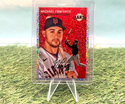 San Francisco Giants 2023 Topps Chrome Platinum Michael Conforto card with sparkly red background