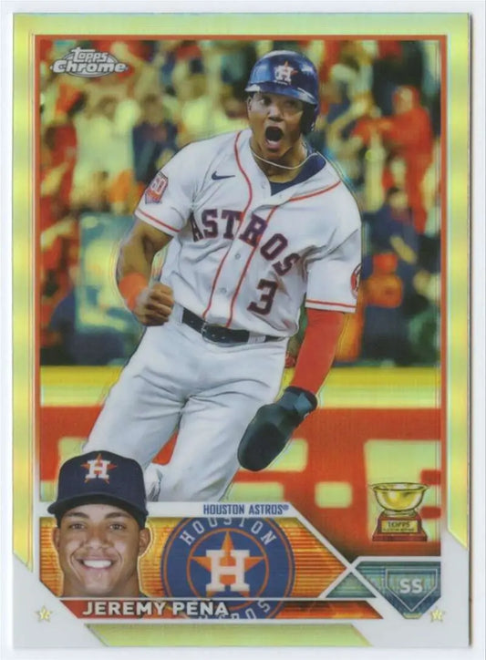 Baseball card of Jeremy Pena celebrating in a white uniform chrome refractor edition