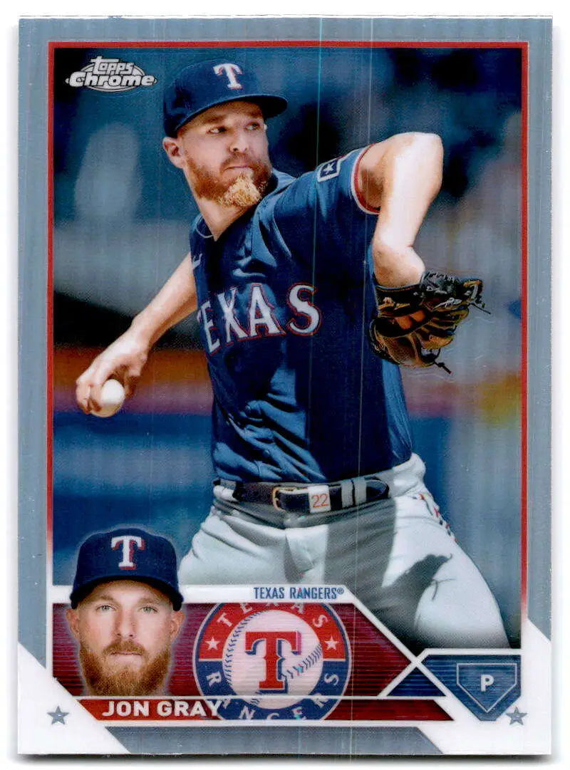 Jon Gray Texas Rangers Topps Chrome Refractor baseball card in navy blue uniform