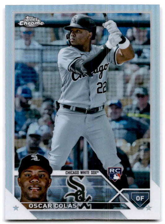 Oscar Colas batting in jersey number 22 on 2023 Topps Chrome Refractor Chicago White Sox card