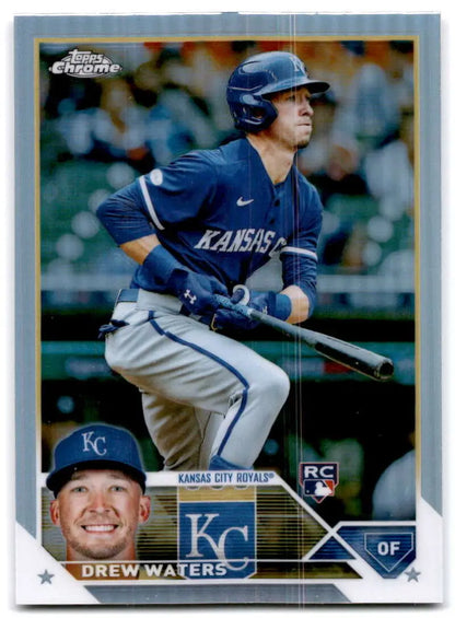 Drew Waters at bat in a navy blue uniform on Topps Chrome Refractor baseball card