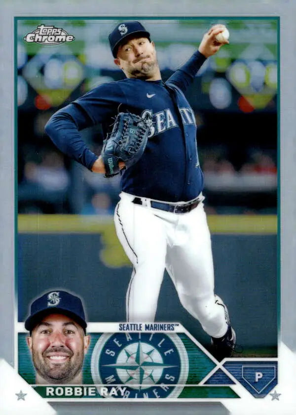 Robbie Ray in mid-throw wearing Seattle Mariners uniform on Topps Chrome Refractor card