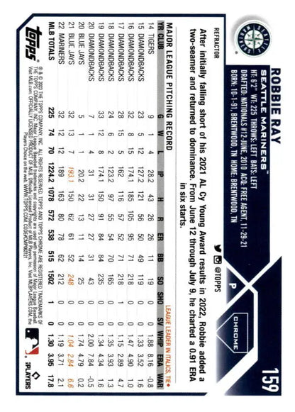 Robbie Ray 2023 Topps Chrome Refractor #159 Seattle Mariners player stats card