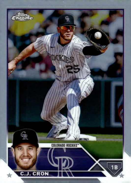 Baseball trading card of C.J. Cron in pinstriped uniform from Topps Chrome Refractor