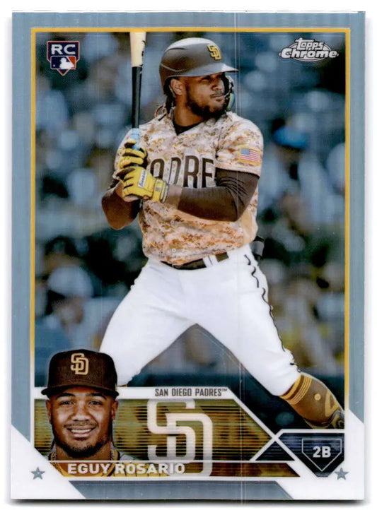 Baseball card of Eguy Rosario in camouflage uniform for San Diego Padres Rookie season