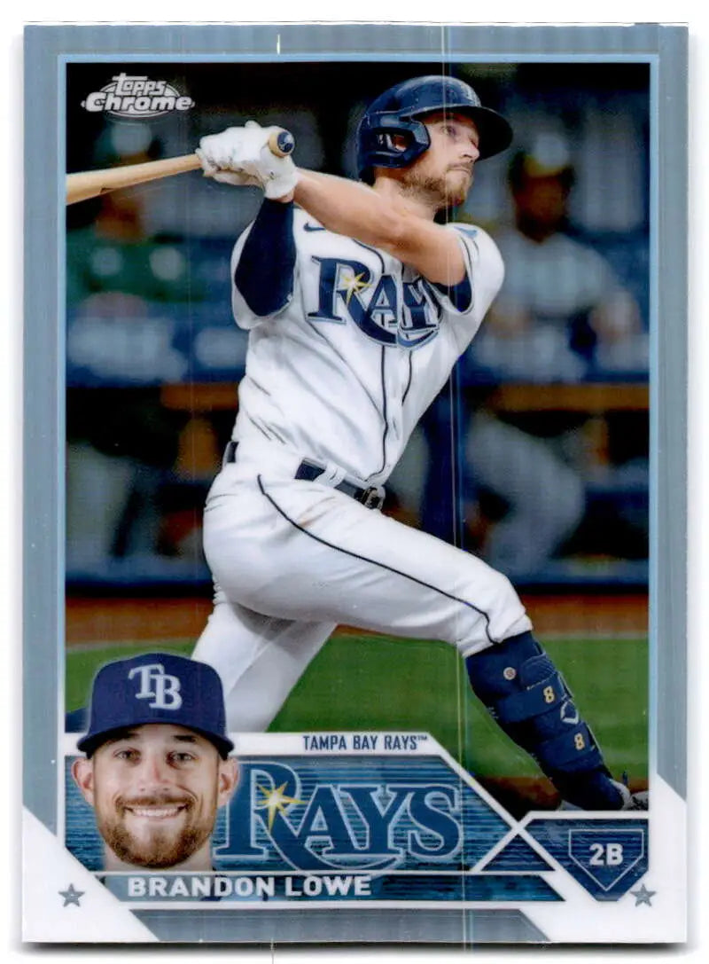 Baseball card of Brandon Lowe in white uniform for Tampa Bay Rays 2023 Topps Chrome Refractor