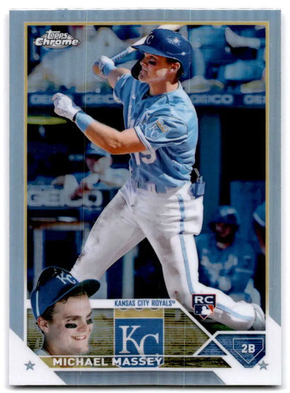 Baseball card of Michael Massey in batting stance from 2023 Topps Chrome Refractor