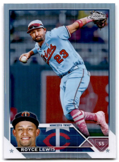 Baseball card of Royce Lewis in light blue uniform for Minnesota Twins throwing motion