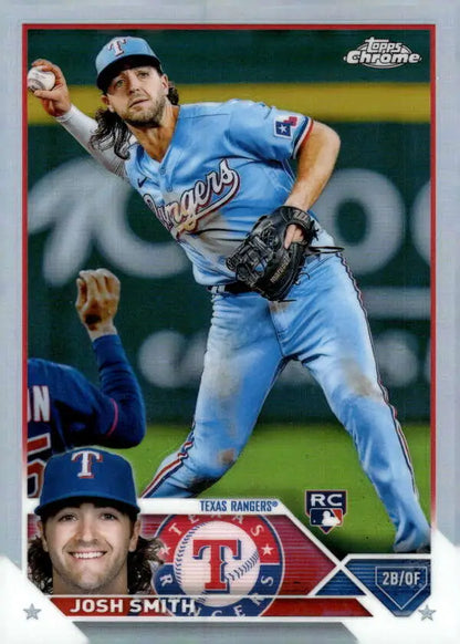 Baseball card of Josh Smith in light blue Texas Rangers uniform making a throw