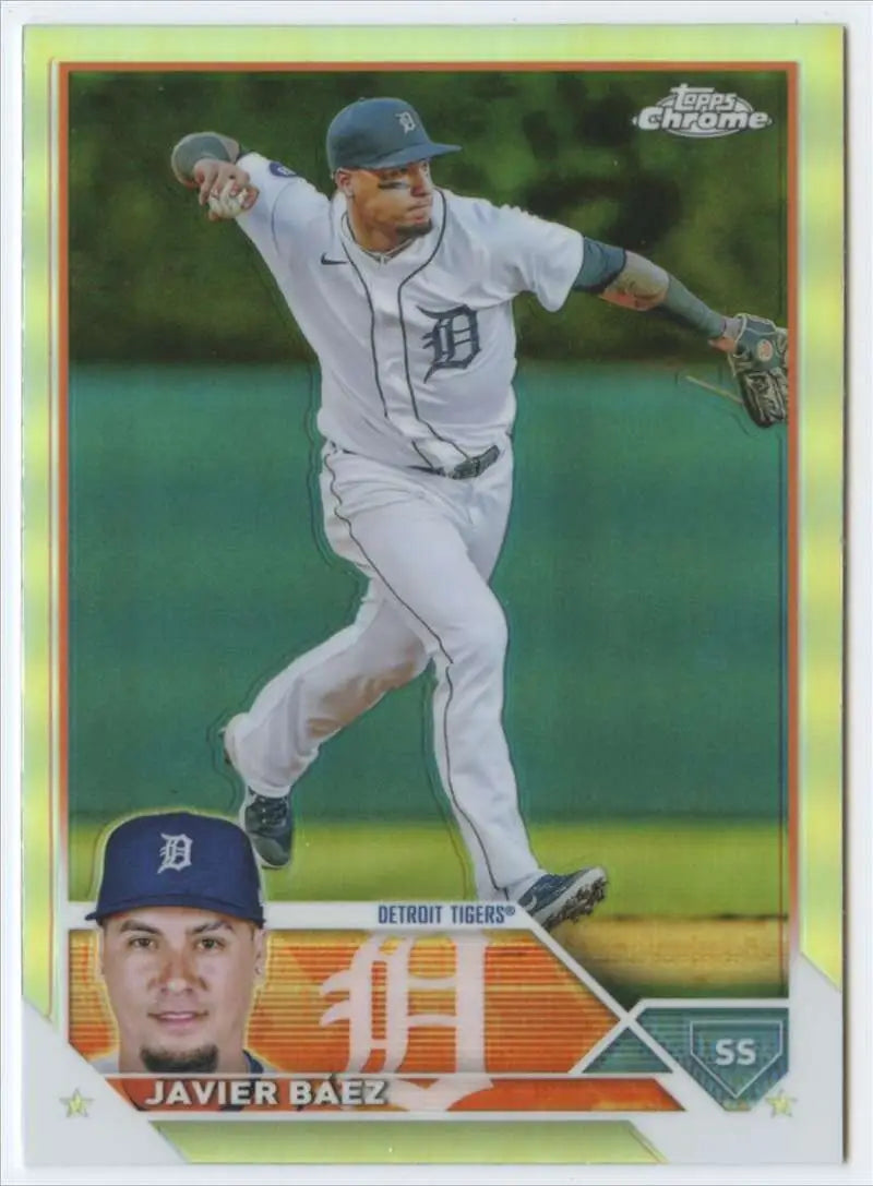 Javier Baez in action on 2023 Topps Chrome Refractor Detroit Tigers Baseball Card