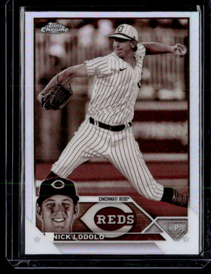 Baseball trading card of Nick Lodolo in pinstripe uniform, 2023 Topps Chrome Refractor Negative