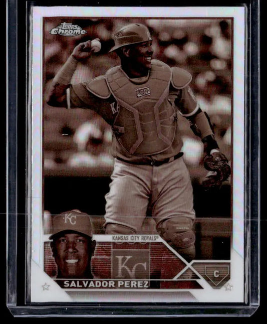 Baseball card of Salvador Perez in sepia, showcasing 2023 Topps Chrome Refractor Negative