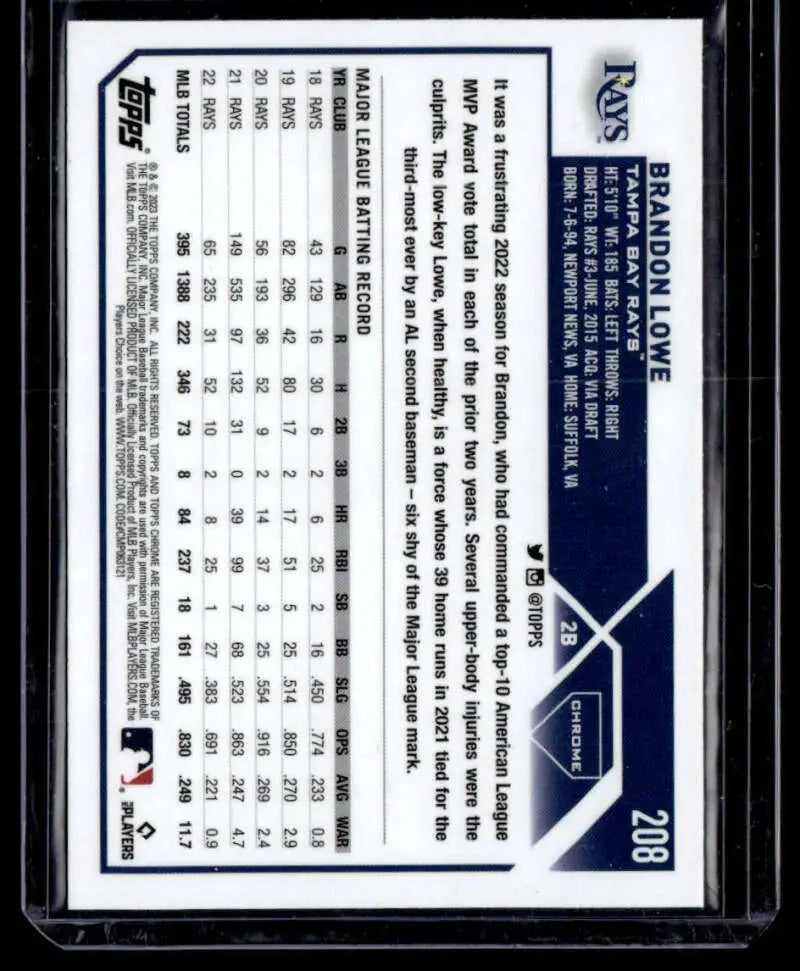 Back of 2023 Topps Chrome Refractor Negative #208 Brandon Lowe Tampa Bay Rays card stats