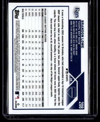 Back of 2023 Topps Chrome Refractor Negative #208 Brandon Lowe Tampa Bay Rays card stats