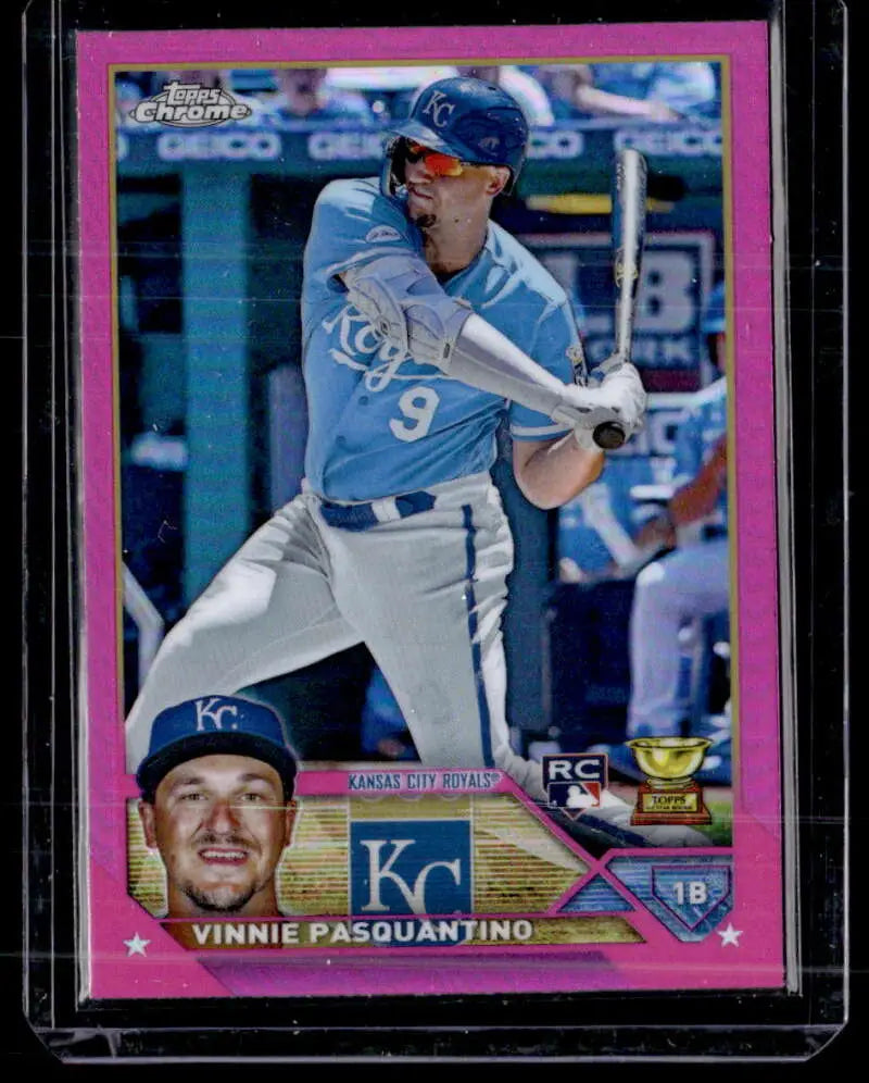 Pink-bordered 2023 Topps Chrome Refractor of Vinnie Pasquantino Kansas City Royals in action