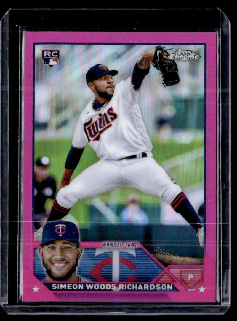 Simeon Woods Richardson pitching in 2023 Topps Chrome Refractor Pink Minnesota Twins card