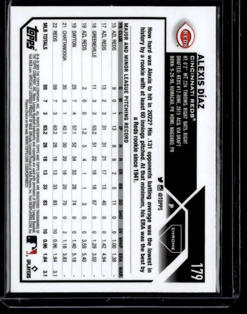 Baseball trading card back displaying statistics for Alexis Diaz, Cincinnati Reds Refractor Pink