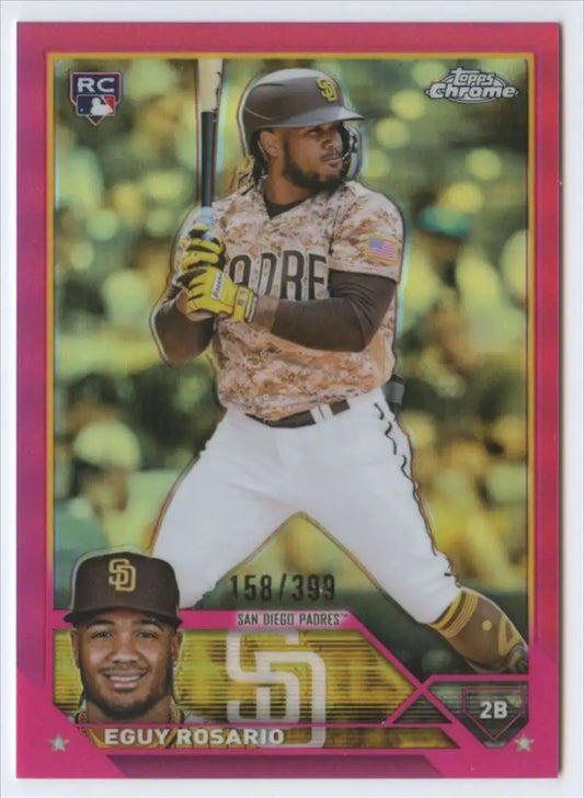 Pink-bordered Topps Chrome baseball card of Eguy Rosario San Diego Padres rookie in batting stance