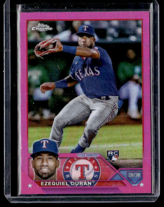 Pink-bordered 2020 Topps Chrome Baseball Card of Ezequiel Duran, Texas Rangers Pitcher