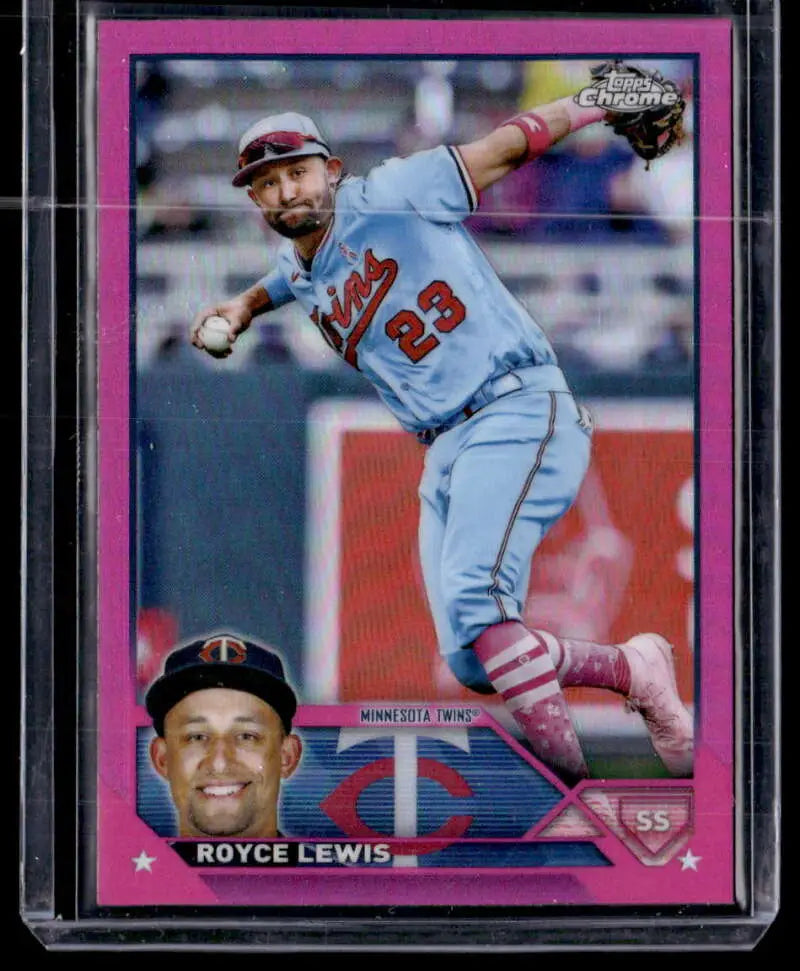 Pink-bordered Minnesota Twins baseball card of Royce Lewis in a light blue uniform