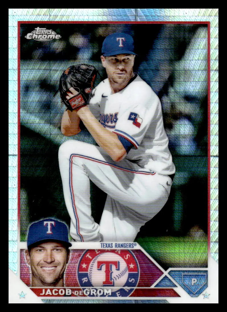 Jacob deGrom in white Texas Rangers uniform on 2023 Topps Chrome Refractor Prism card