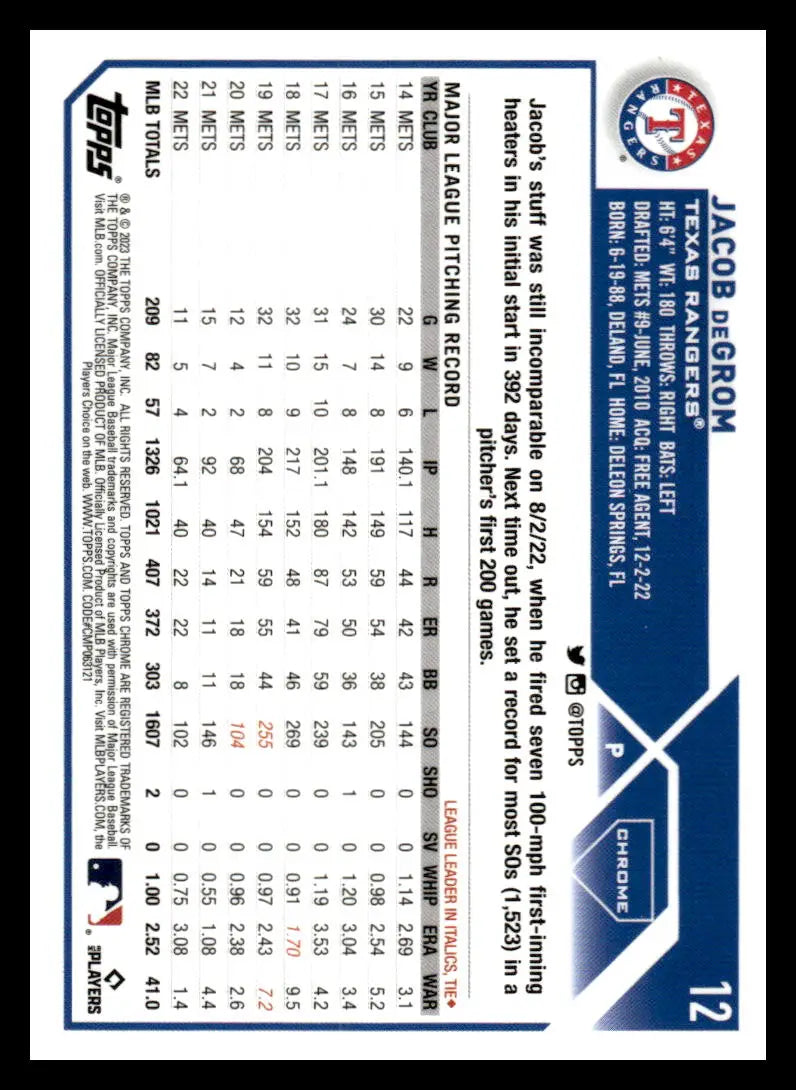 Baseball scorecard from a Texas Rangers game featuring Jacob deGrom Topps Chrome Refractor