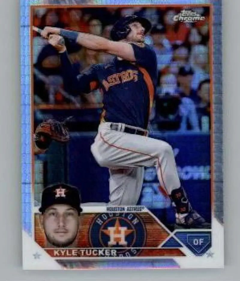 Baseball card of Kyle Tucker in batting stance, featuring a Refractor Prism design