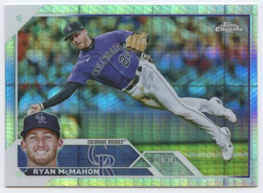 Holographic 2023 Topps Chrome Refractor Prism of Ryan McMahon diving for a play