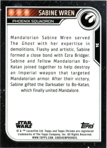 Topps Chrome Star Wars card featuring Sabine Wren from the 2023 collection