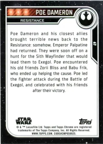 2023 Topps Chrome Star Wars Poe Dameron trading card, NM-MT condition