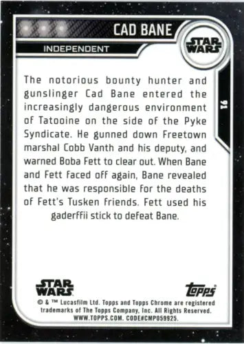 Back of 2023 Topps Chrome Star Wars #91 Cad Bane trading card showcasing details