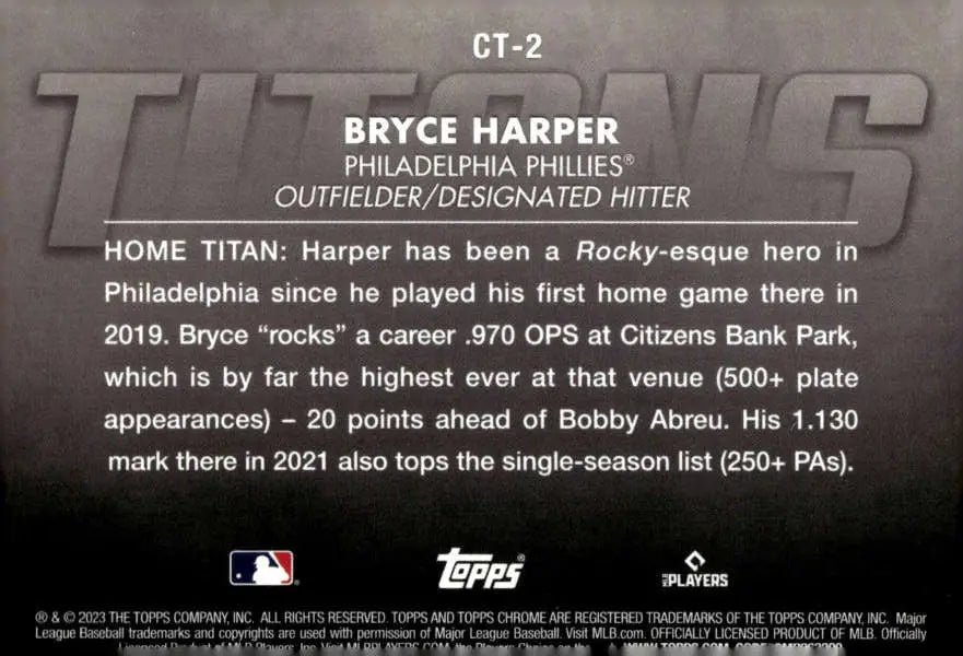 Baseball trading card of Bryce Harper from 2023 Topps Chrome Titans with player stats