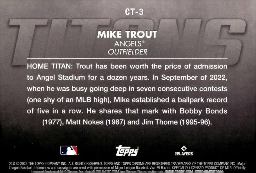 Baseball card showcasing Mike Trout’s stats from 2023 Topps Chrome Titans Refractor