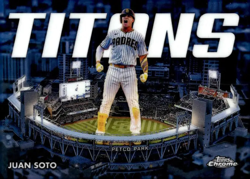 Juan Soto celebrates in a San Diego Padres uniform on the 2023 Topps Chrome card